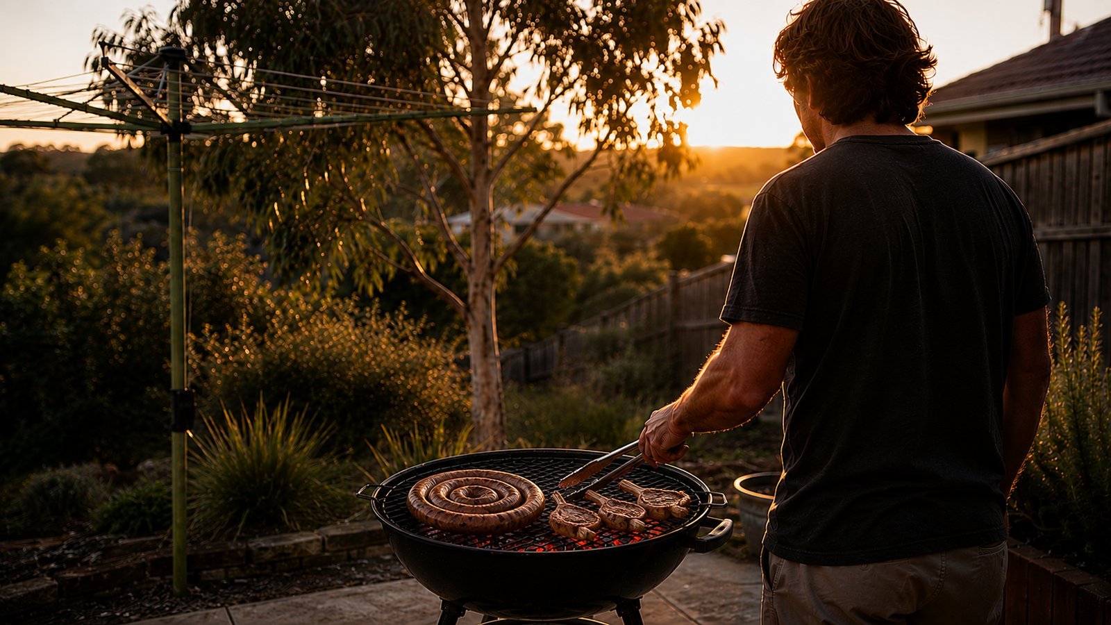 A person tending a small braai fire in an Australian backyard at golden hour, back to camera