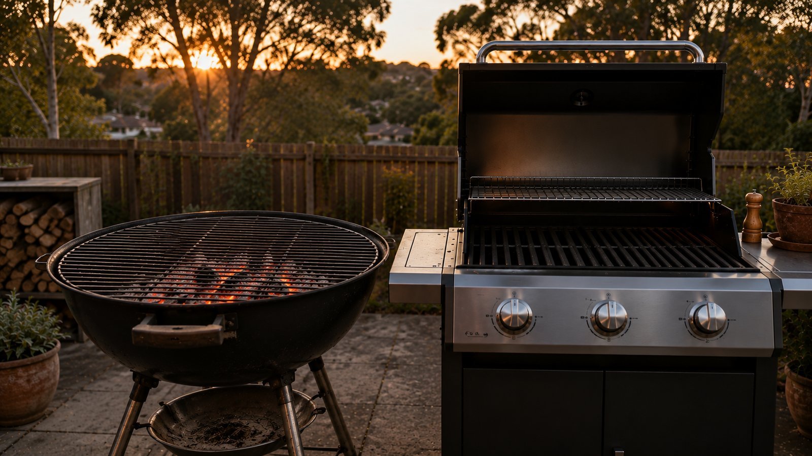 A charcoal kettle braai with glowing coals beside an open gas barbecue on an Australian patio at sunset