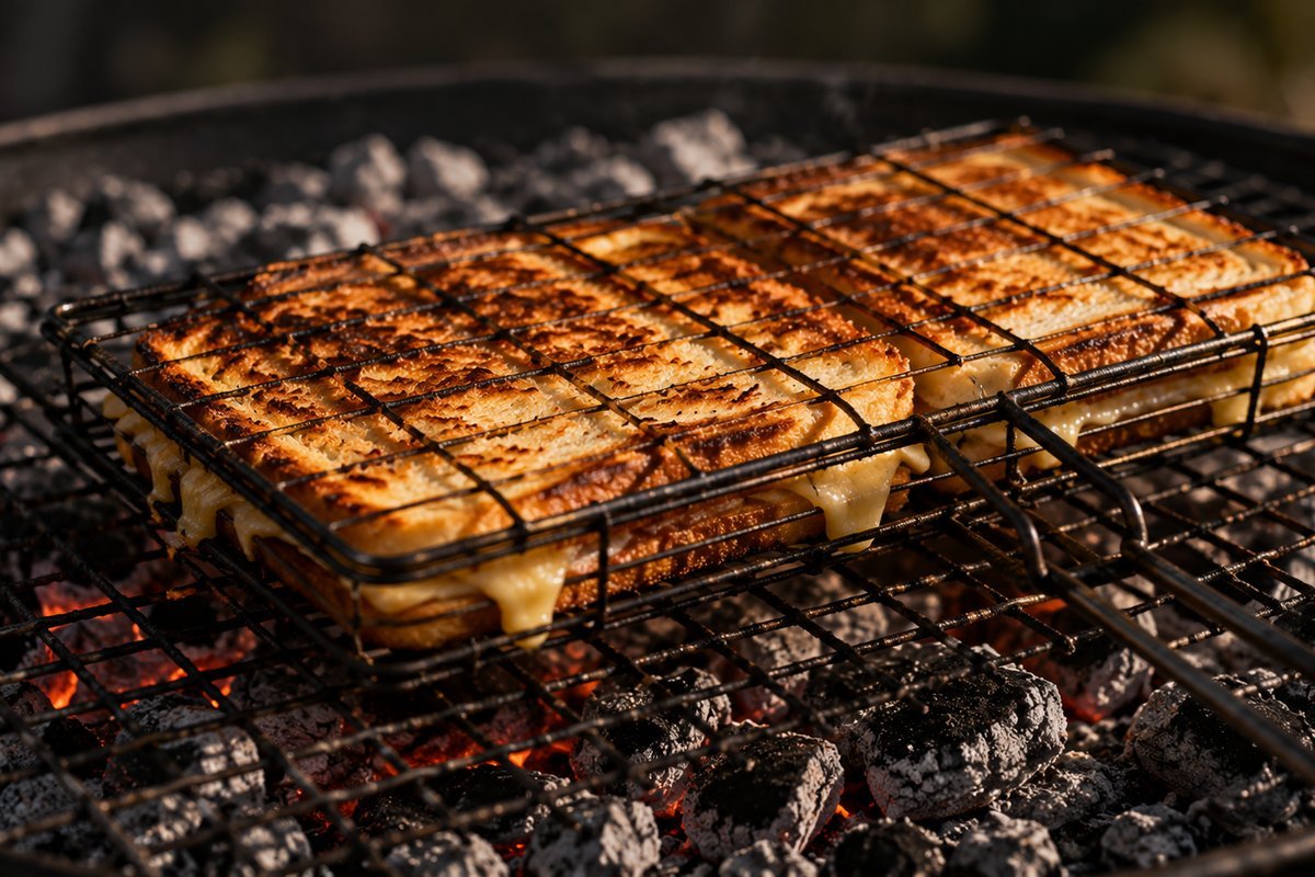A stack of golden braaibroodjies on a wooden board, cheese pulling