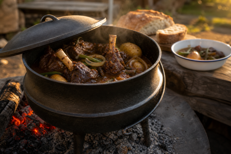 Finished lamb potjie with potatoes, green beans and rich gravy in a cast-iron pot beside gentle wood coals.
