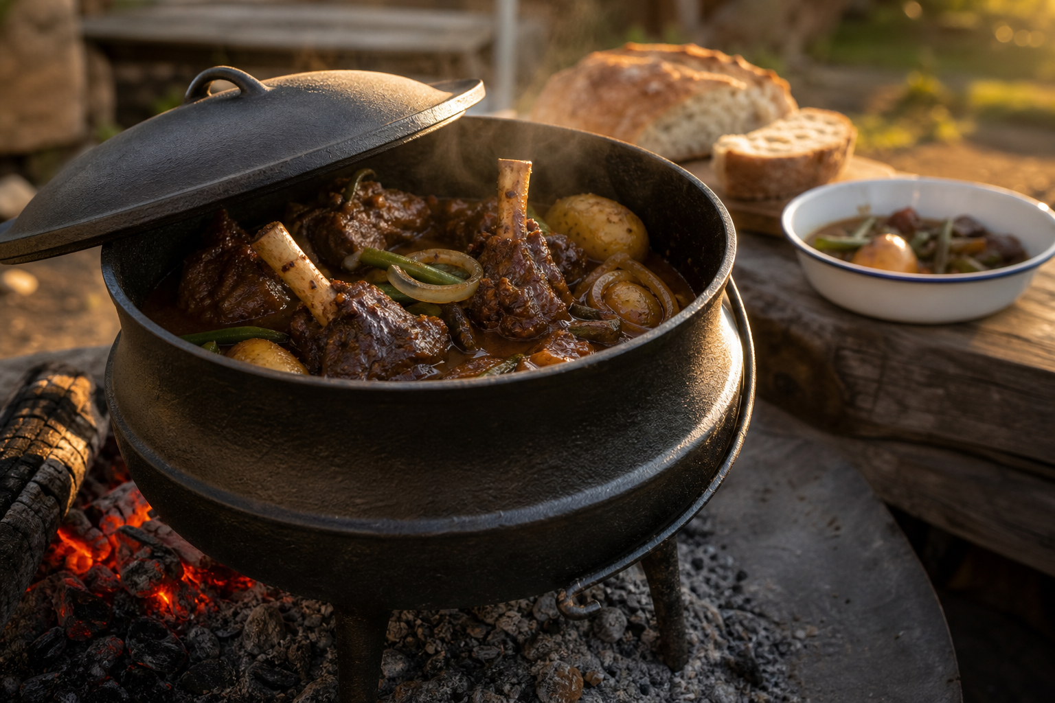 Finished lamb potjie with potatoes, green beans and rich gravy in a cast-iron pot beside gentle wood coals.