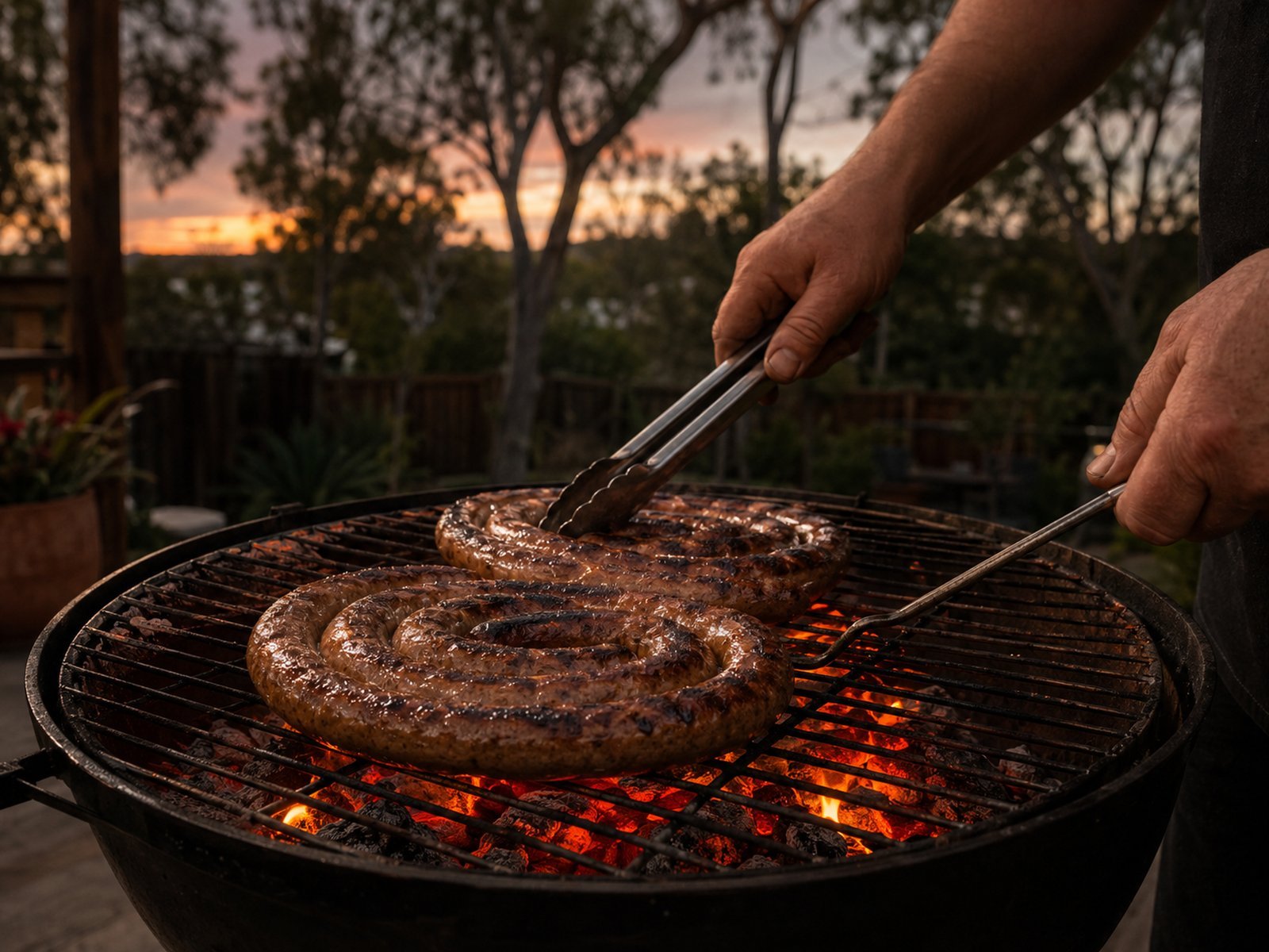 Boerewors coils grilling over glowing coals on a charcoal braai in an Australian backyard at dusk