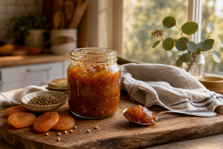 A Mrs Balls chutney substitute, a jar of golden apricot chutney and a spoonful on a wooden board in warm kitchen light