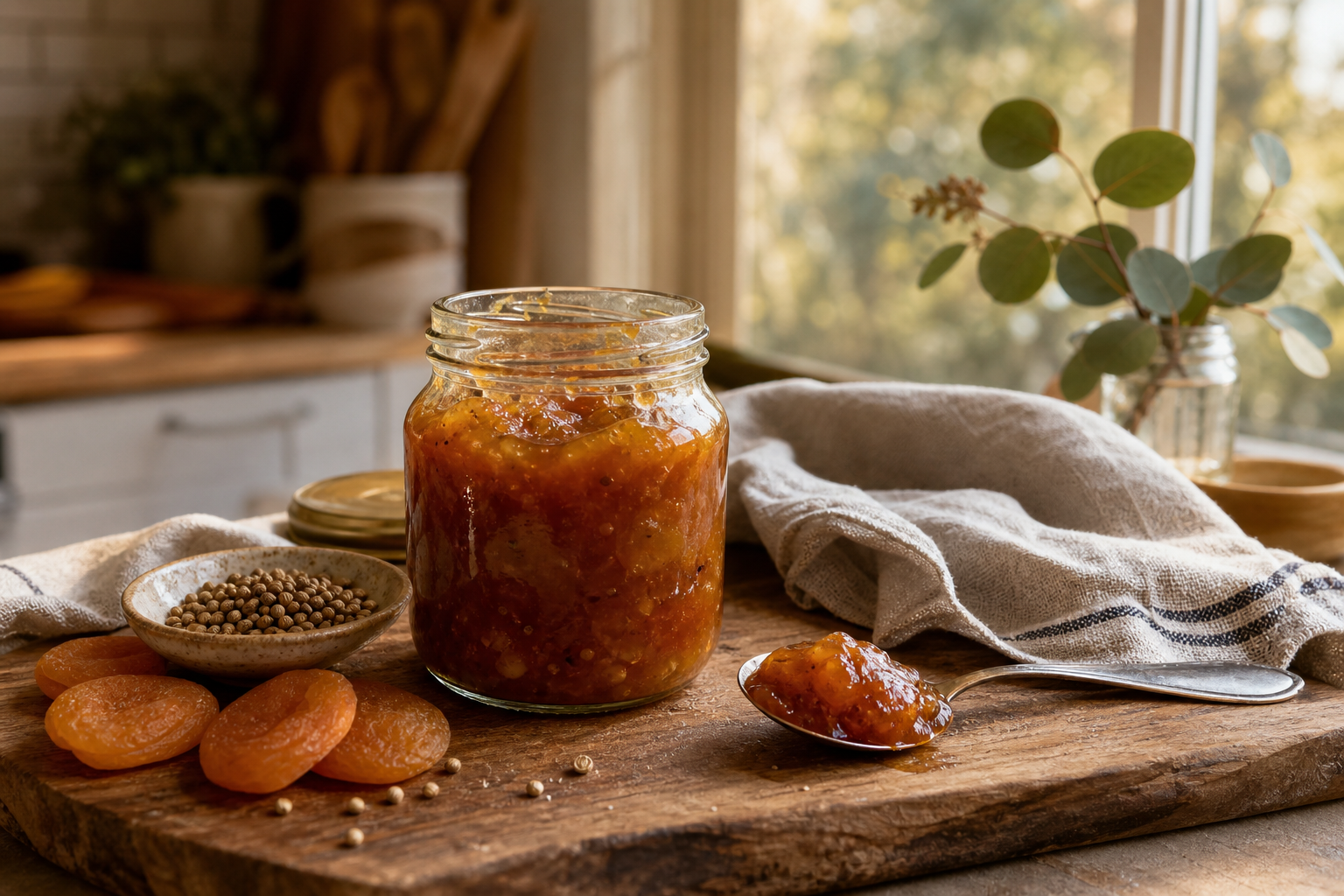 A Mrs Balls chutney substitute, a jar of golden apricot chutney and a spoonful on a wooden board in warm kitchen light