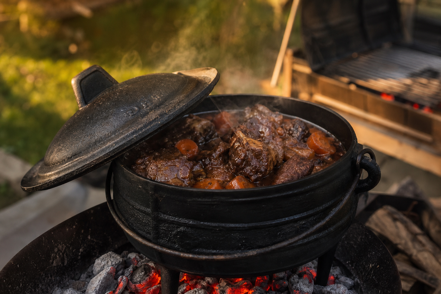 Cast-iron potjie over glowing coals, filled with tender braised oxtail in red wine sauce and carrots.