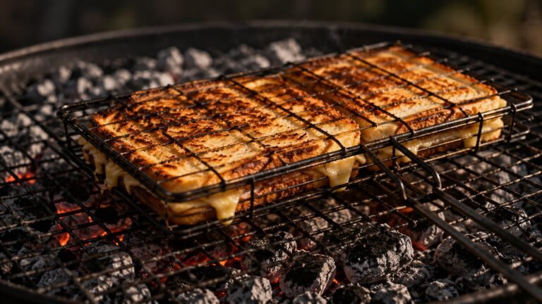 Braaibroodjies toasting golden in a hinged braai grid over grey coals, melted cheese escaping at the edges