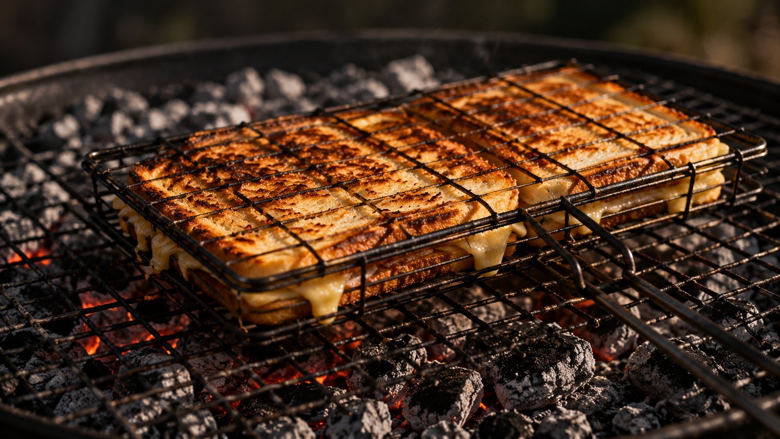 Braaibroodjies toasting golden in a hinged braai grid over grey coals, melted cheese escaping at the edges