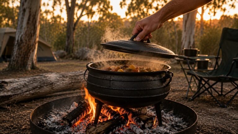 A three-legged cast iron potjie pot steaming over a campfire at an Australian bush campsite at sunset