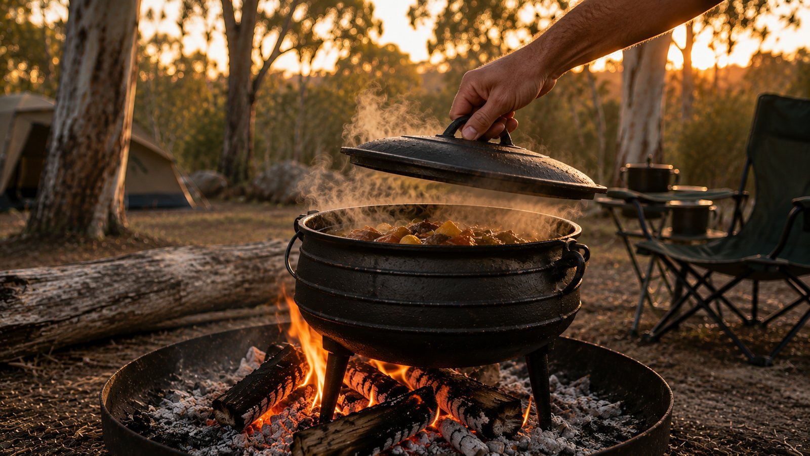 A three-legged cast iron potjie pot steaming over a campfire at an Australian bush campsite at sunset