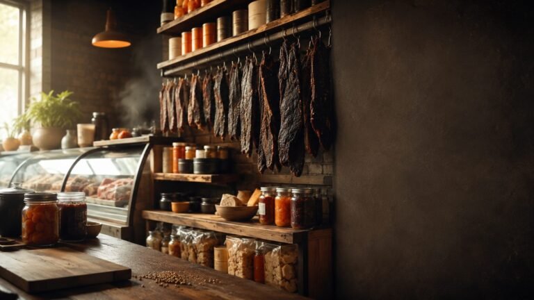 South African deli counter in Australia, biltong hanging behind the counter with shelves of chutney and rusks