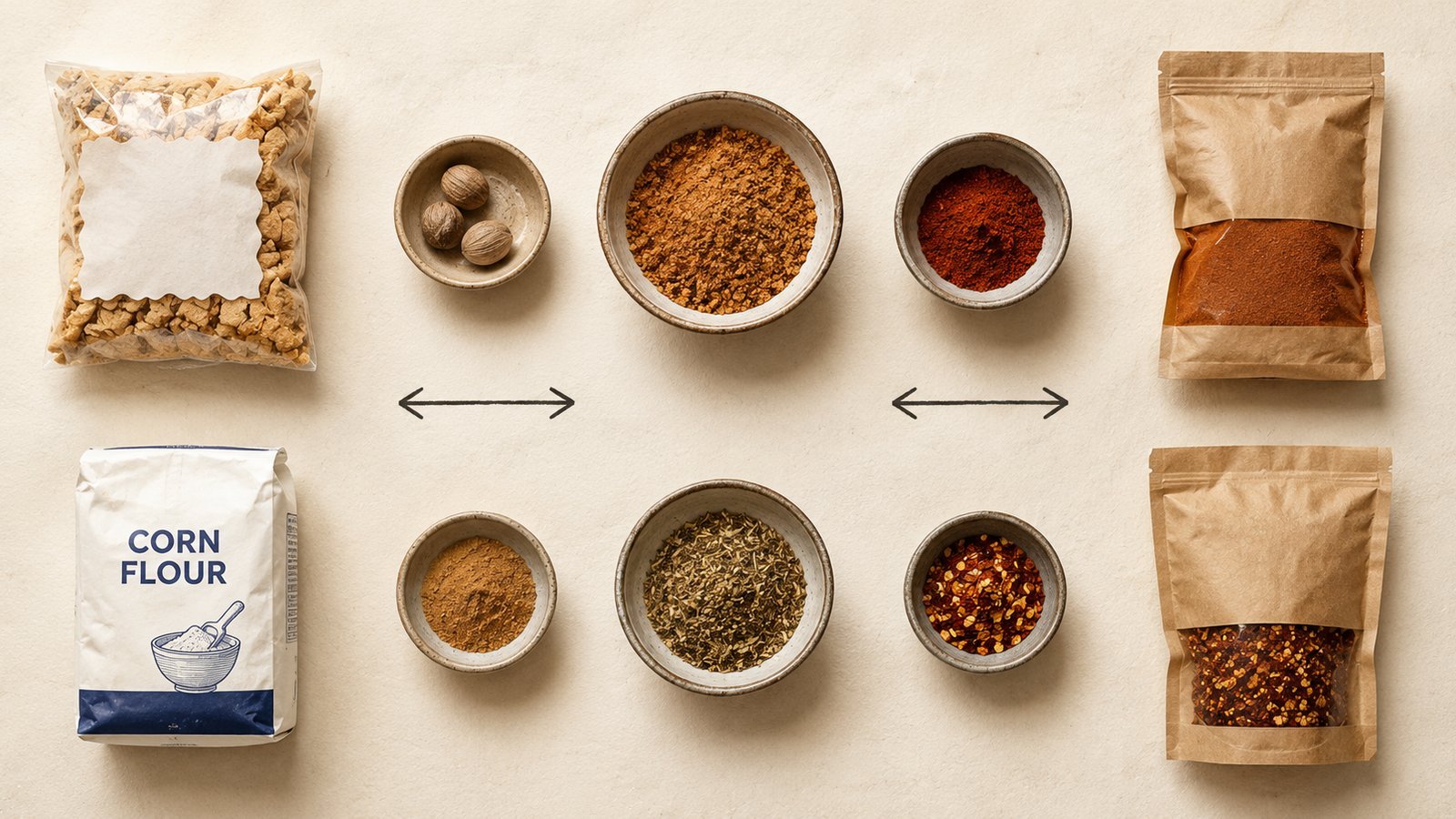 South African pantry staples paired with their Australian supermarket substitutes, laid out in two rows with arrows between them