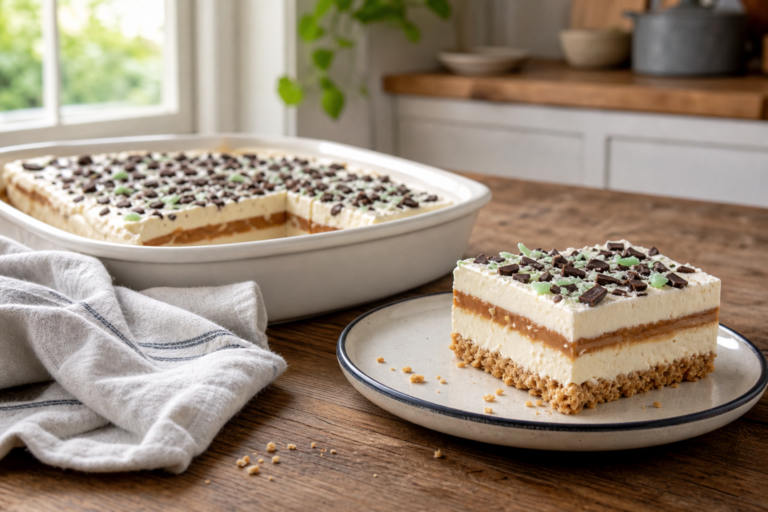 A slice of chilled layered peppermint and caramel fridge tart with a golden coconut biscuit crumb base.