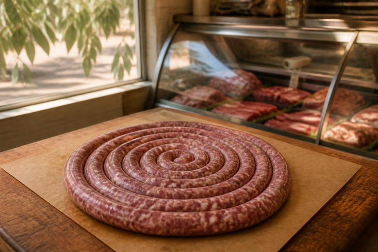 Where to buy boerewors in Australia, a butcher's counter with a fresh boerewors coil on brown paper