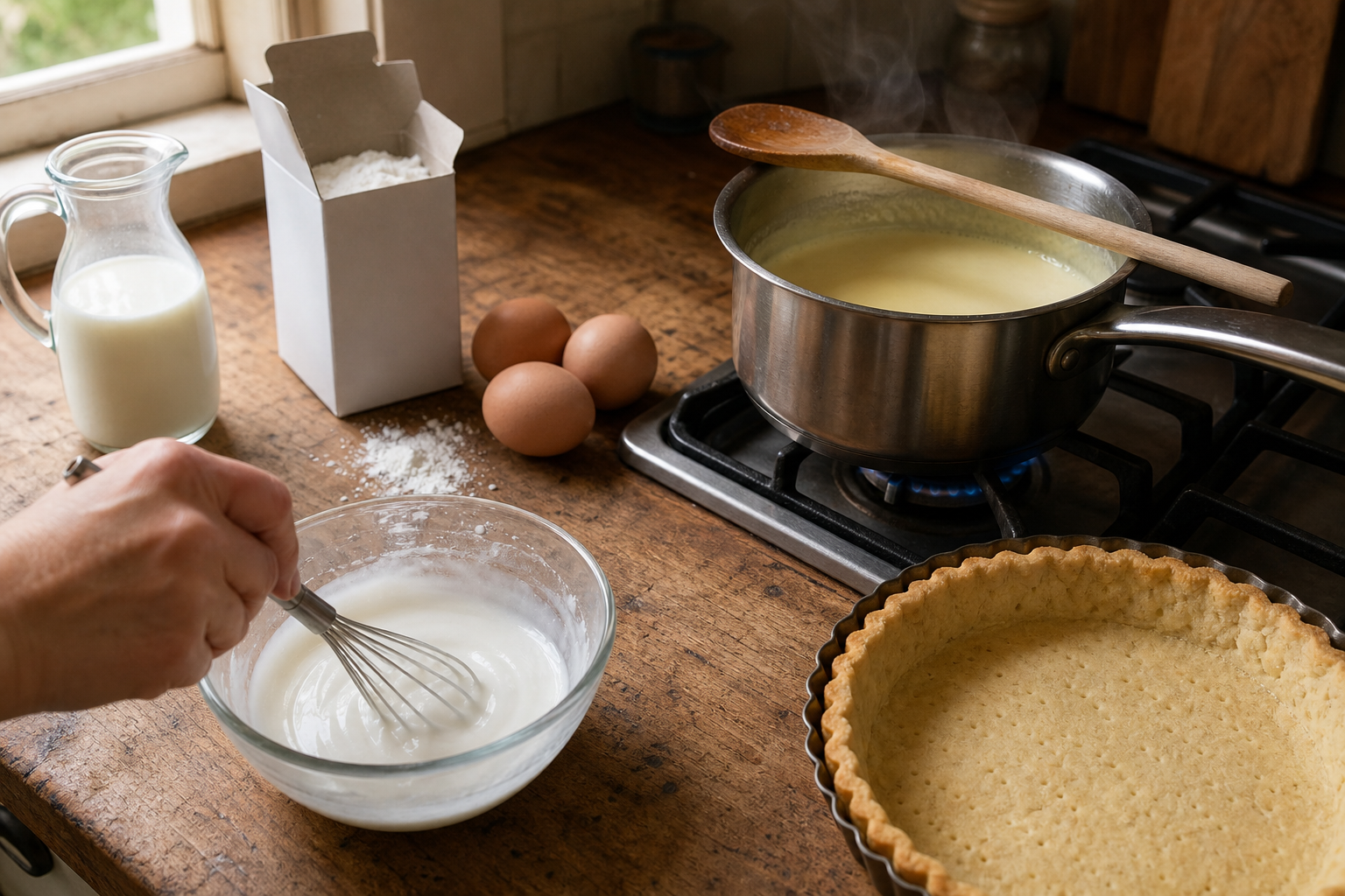maizena vs cornflour, a hand whisking a smooth white cornflour slurry in a bowl beside a saucepan of custard on the hob