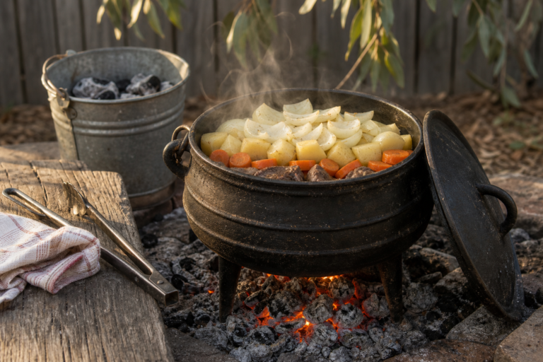 A potjiekos recipe for beginners, layered lamb, carrots and potatoes in a three leg cast iron potjie over coals