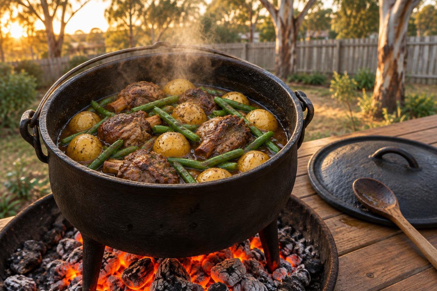 Finished lamb potjie with potatoes, green beans and rich gravy in a cast-iron pot beside gentle wood coals.