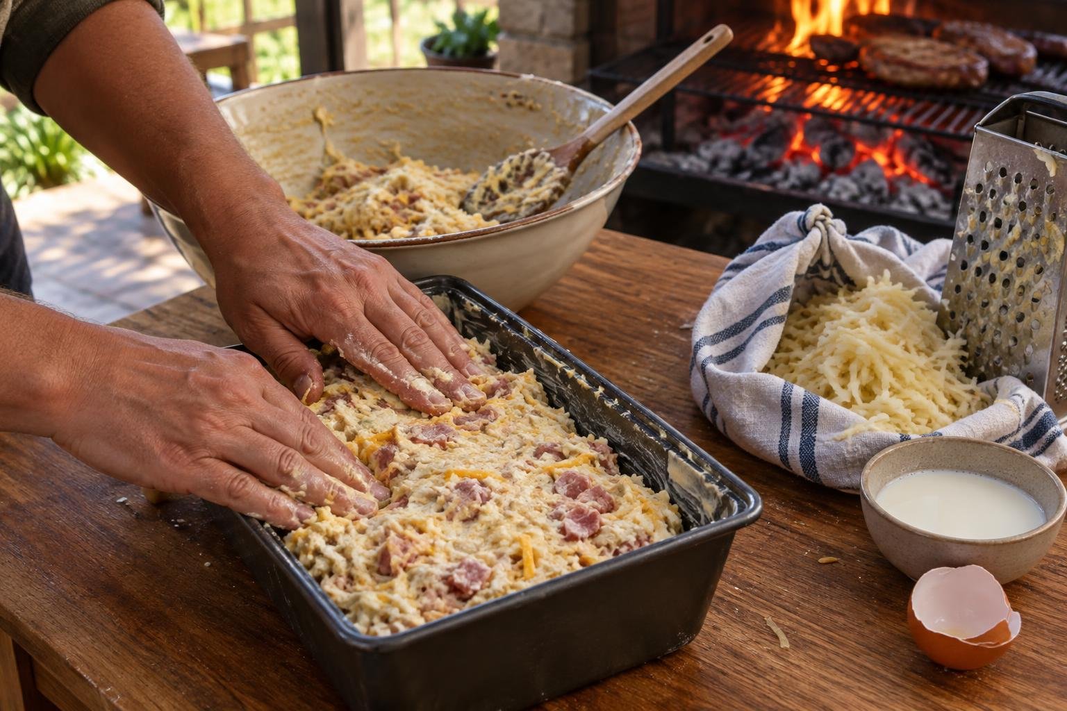 aartappel broodjie dough with grated potato, cheese and bacon pressed into a buttered loaf tin