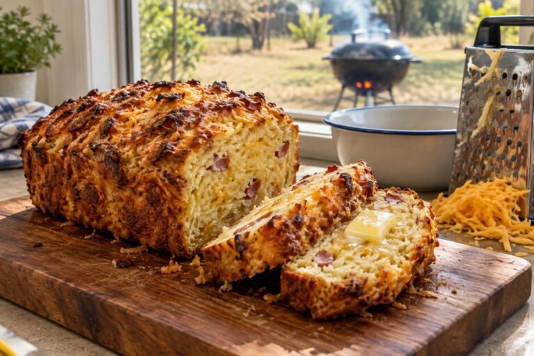 aartappel broodjie, a golden South African potato and cheese loaf, sliced on a timber board in an Australian kitchen with a kettle braai through the window