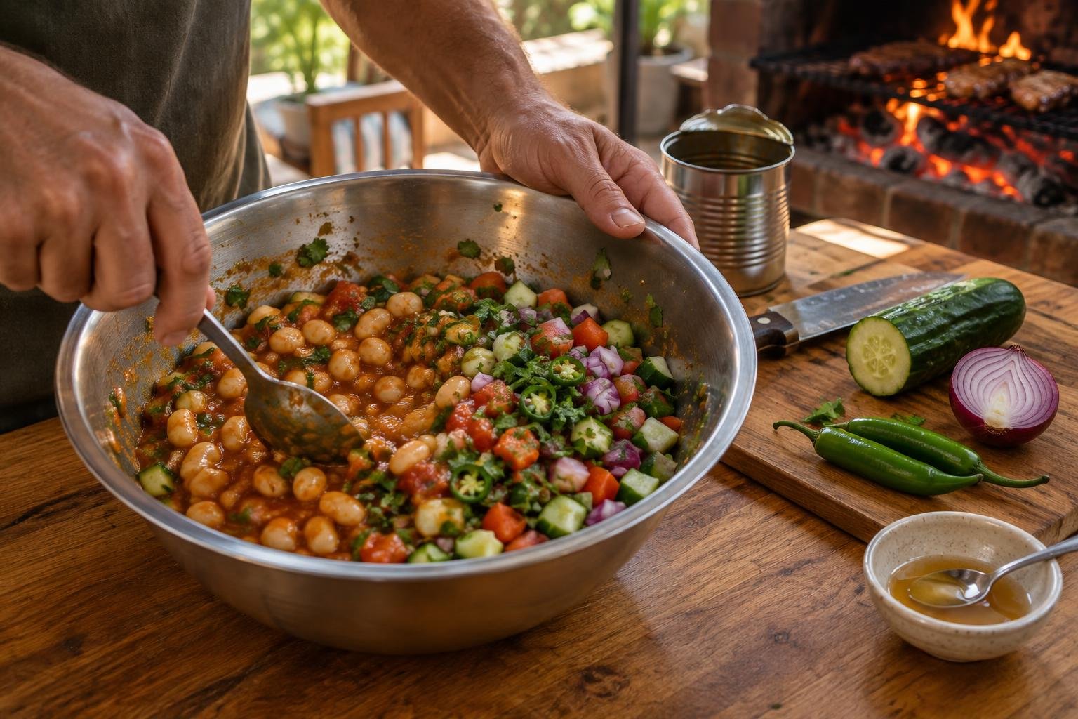hands folding a baked bean salad together in a steel bowl on a timber bench