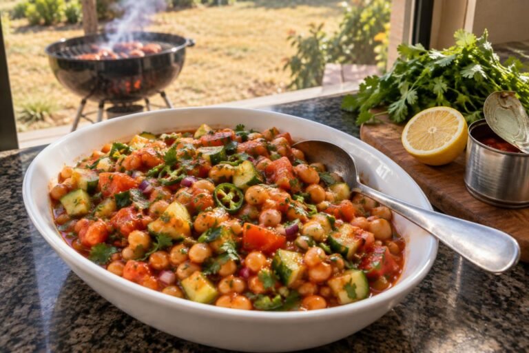 baked bean salad in a white oval bowl, beans in tomato sauce with cucumber, red onion, tomato, green chilli and coriander on a granite bench in an Australian kitchen