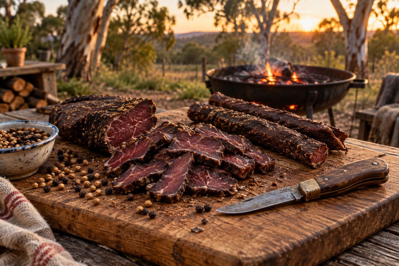 The best biltong in Australia, thick slices of air-dried beef biltong on a wooden board with whole sticks and coriander seeds