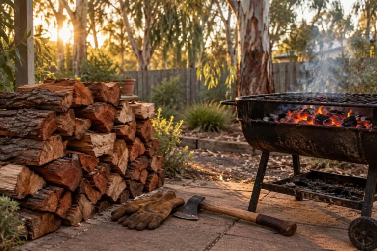 best wood for braai Australia, split ironbark and red gum firewood stacked beside glowing braai coals