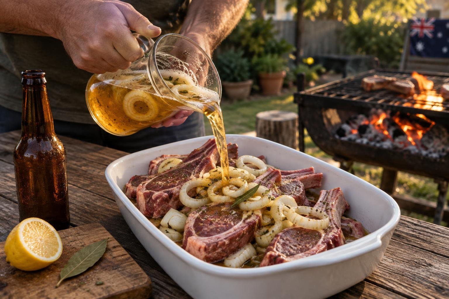 Pouring biermarinade over lamb chops before the braai