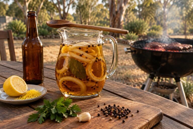 Jug of biermarinade with onion rings and aromatics beside a braai
