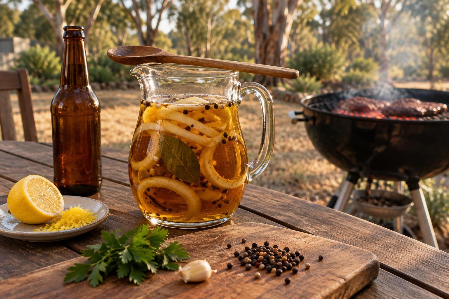 Jug of biermarinade with onion rings and aromatics beside a braai