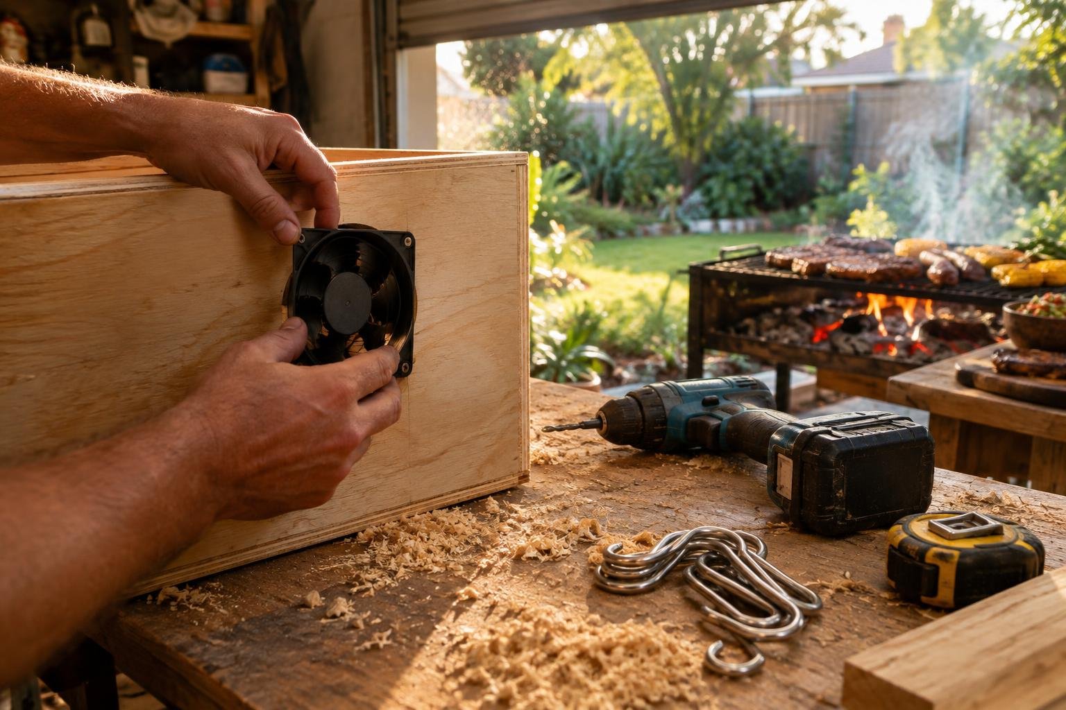 Biltong box Australia, a wooden biltong box open on a bench with spiced beef strips hanging inside on steel hooks and a small fan fitted in the side panel
