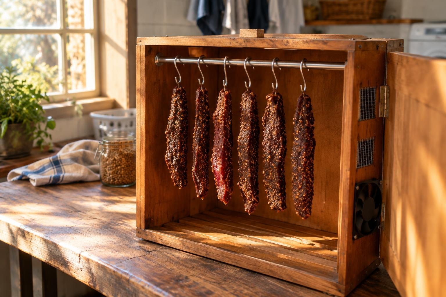 Biltong box Australia, a wooden biltong box open on a bench with spiced beef strips hanging inside on steel hooks and a small fan fitted in the side panel