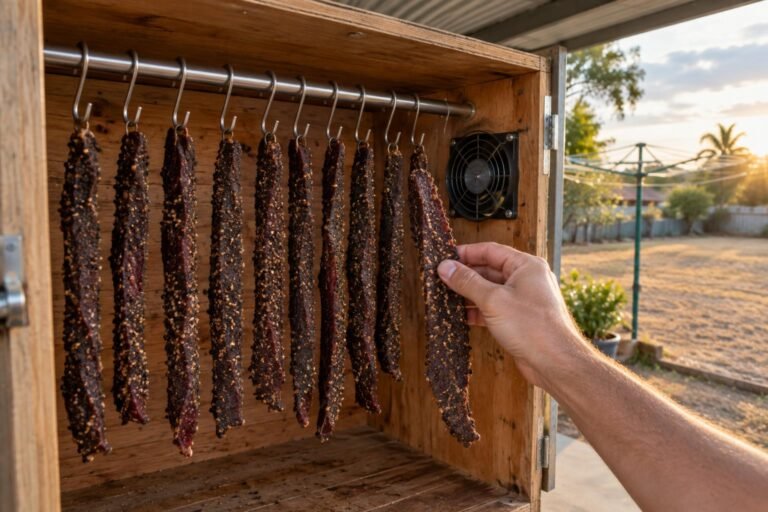 biltong drying humidity Queensland, strips of spiced beef hanging on hooks inside a home biltong box with a fan running