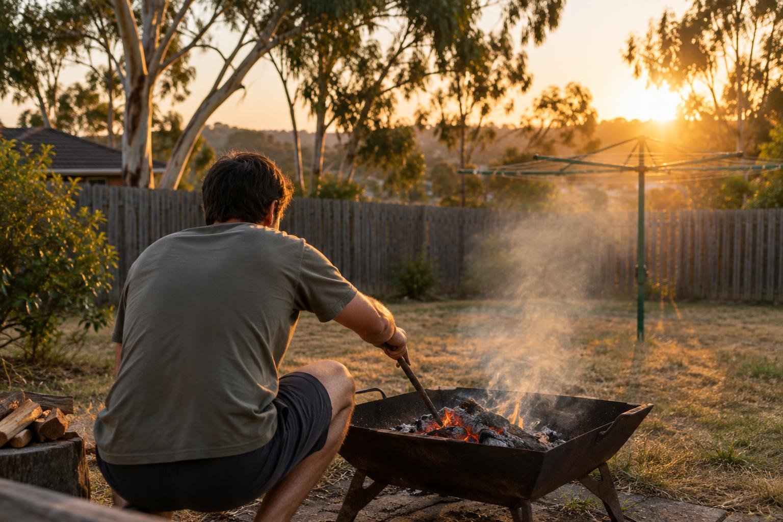 A person tending a small braai fire in an Australian backyard at golden hour, back to camera