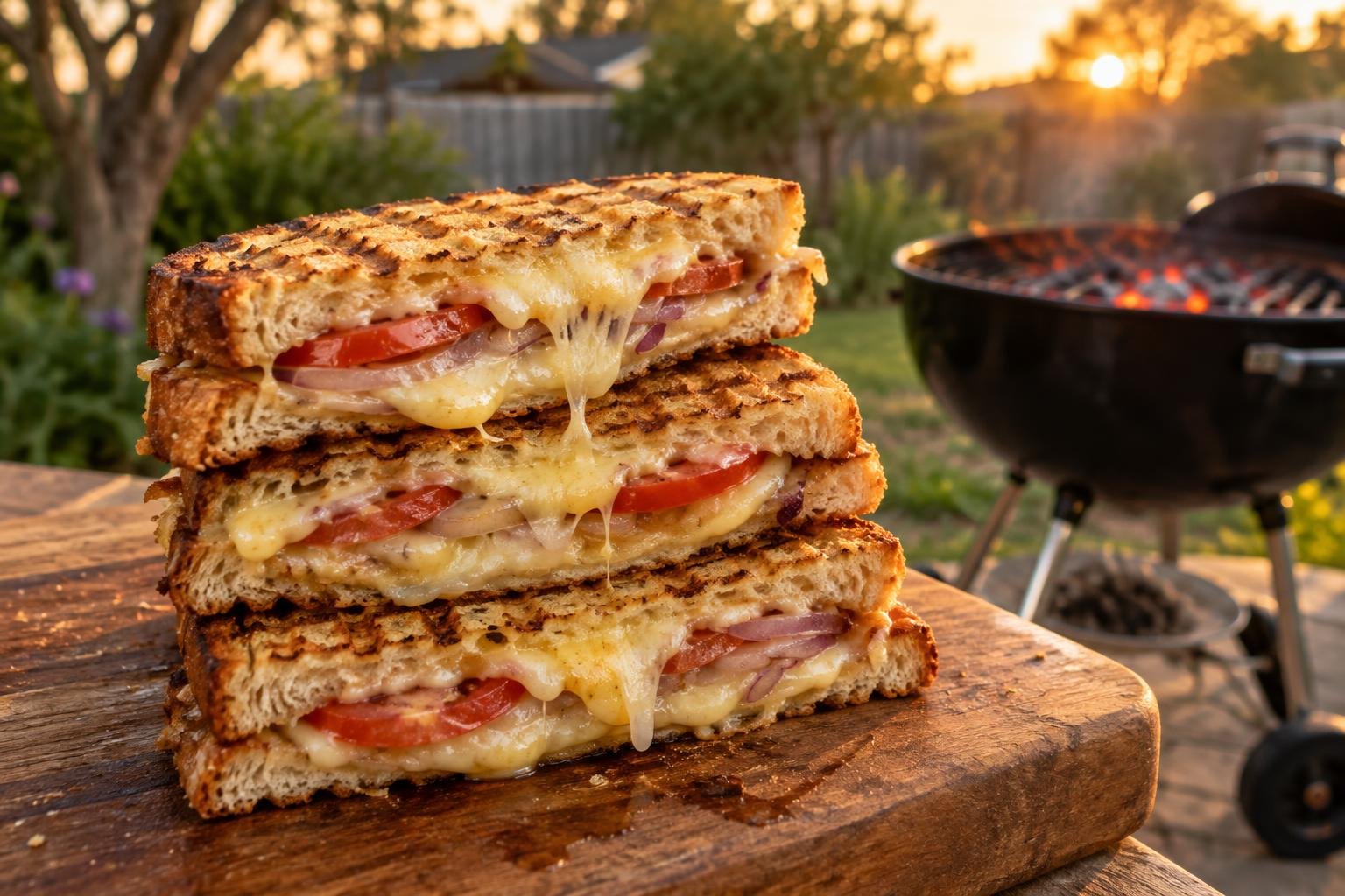 A stack of golden braaibroodjies on a wooden board, cheese pulling