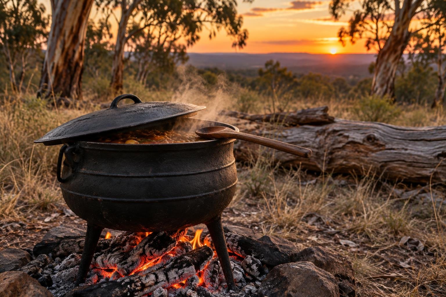 A three-legged cast iron potjie pot steaming over a campfire at an Australian bush campsite at sunset