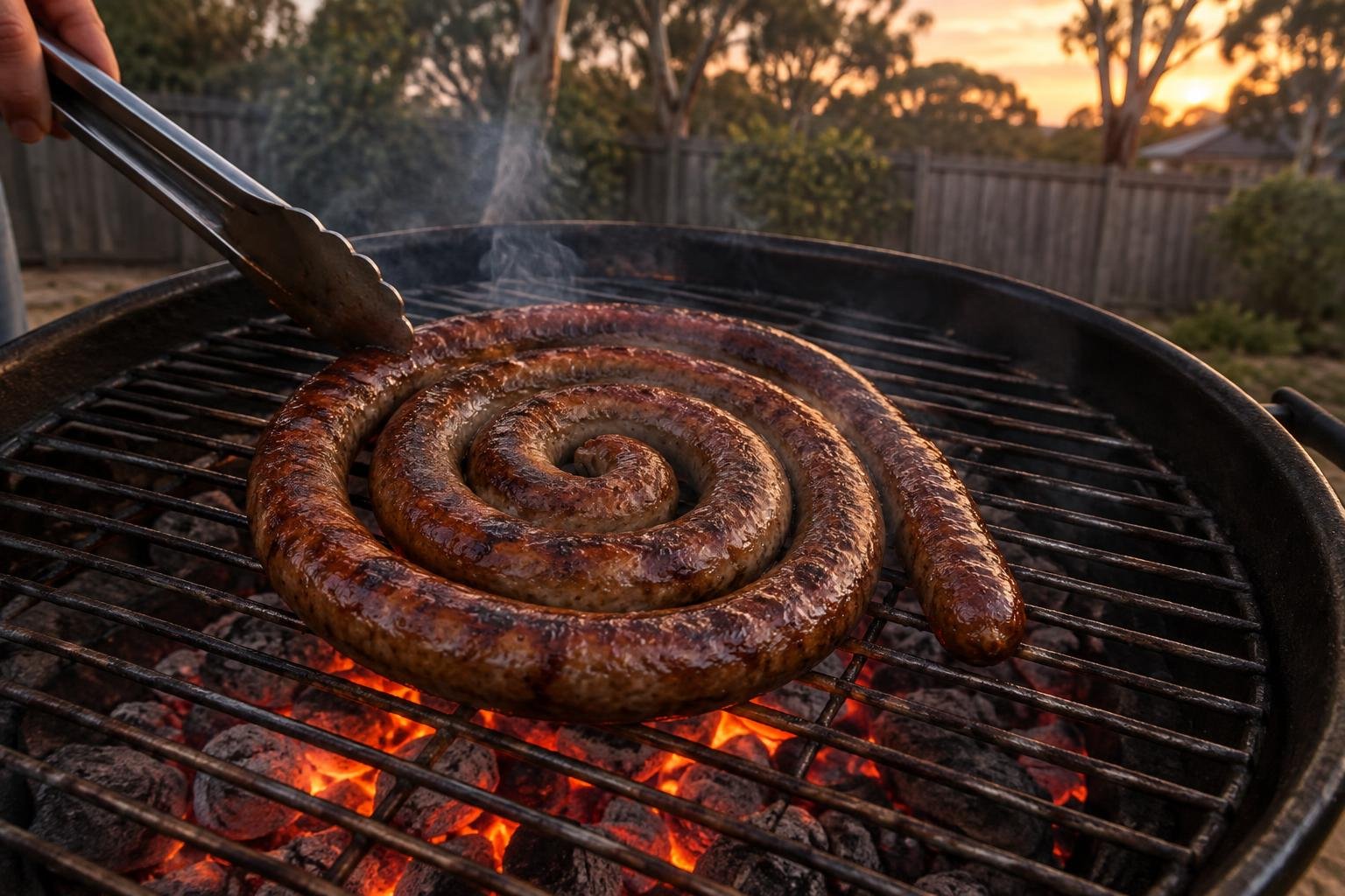 Hands turning boerewors on a braai grid at dusk, embers glowing below