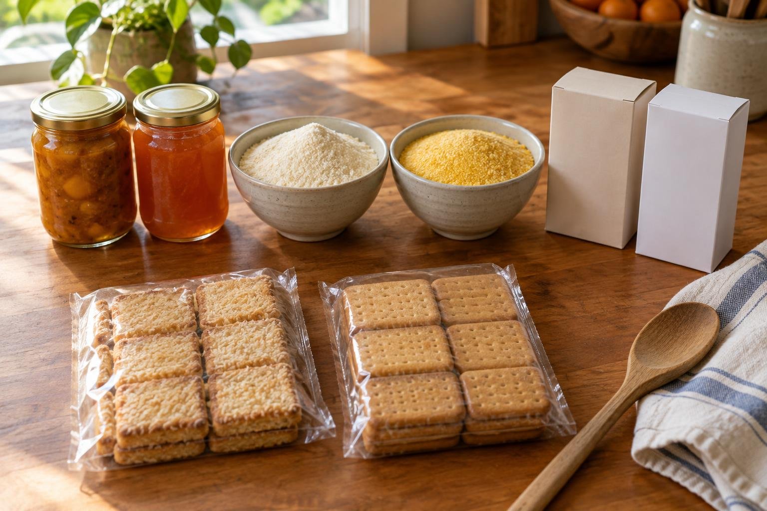South African pantry staples paired with their Australian supermarket equivalents on a kitchen bench