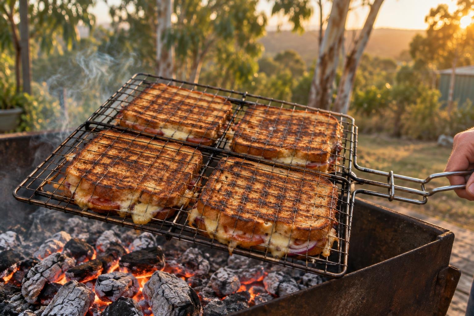 Braaibroodjies toasting in a hinged grid over coals