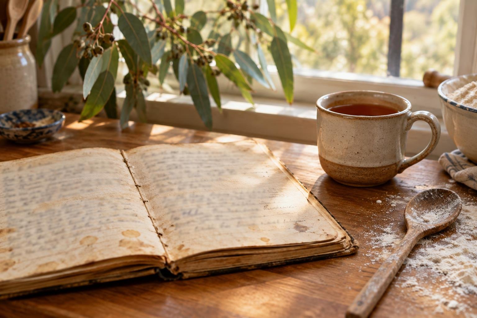 An open recipe book with a handwritten melktert recipe, an Australian kitchen behind it