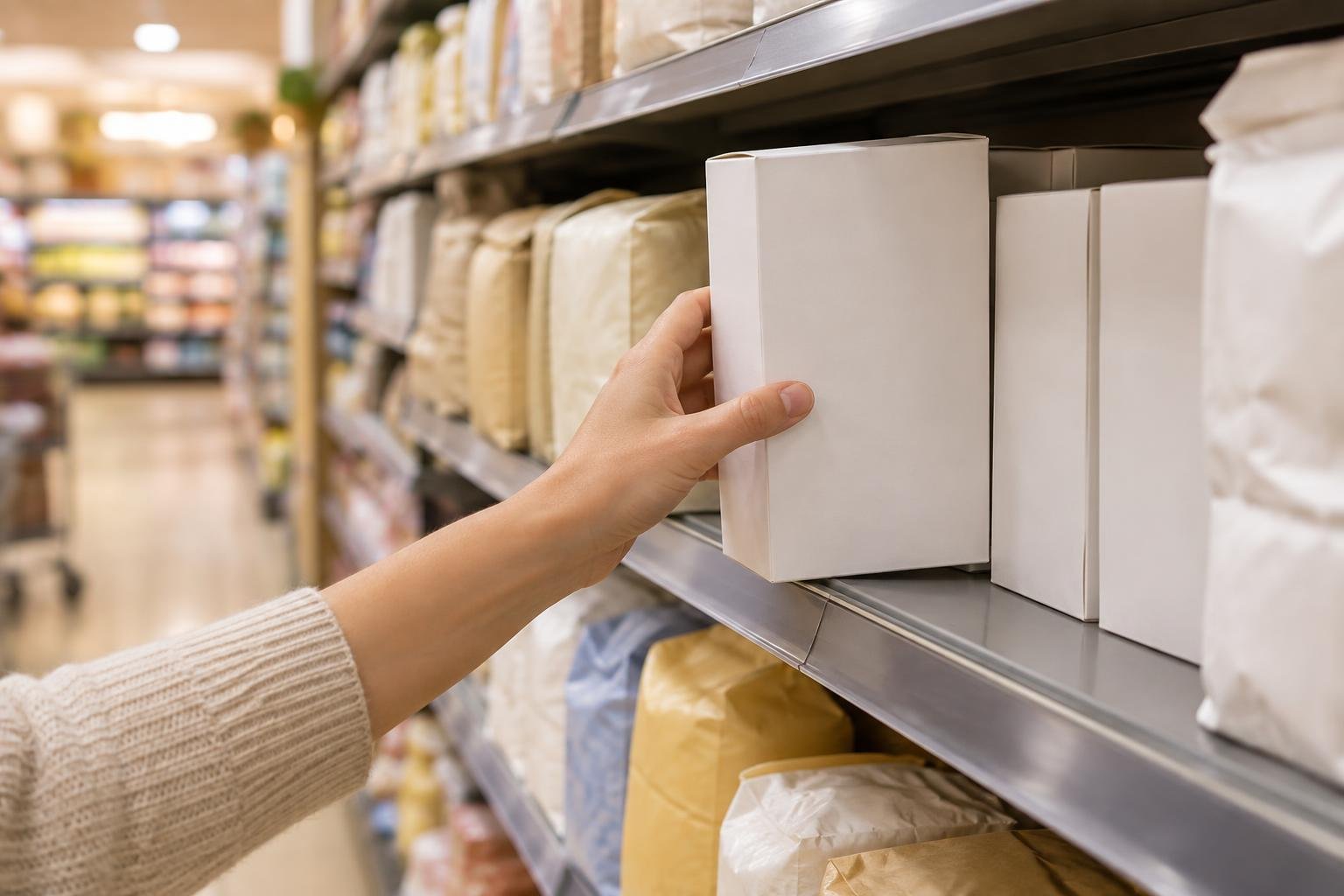 A supermarket shelf with a hand reaching for cornflour