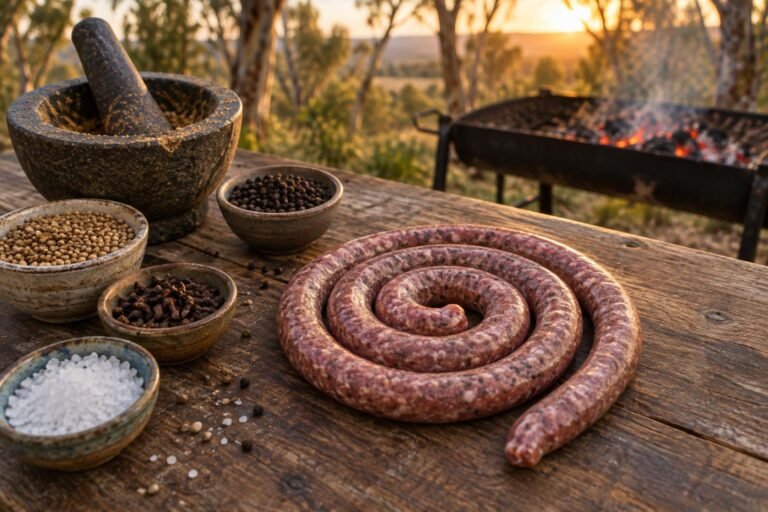 Boerewors spice mix recipe ingredients, coriander seeds, cloves and black pepper in bowls beside a raw boerewors coil