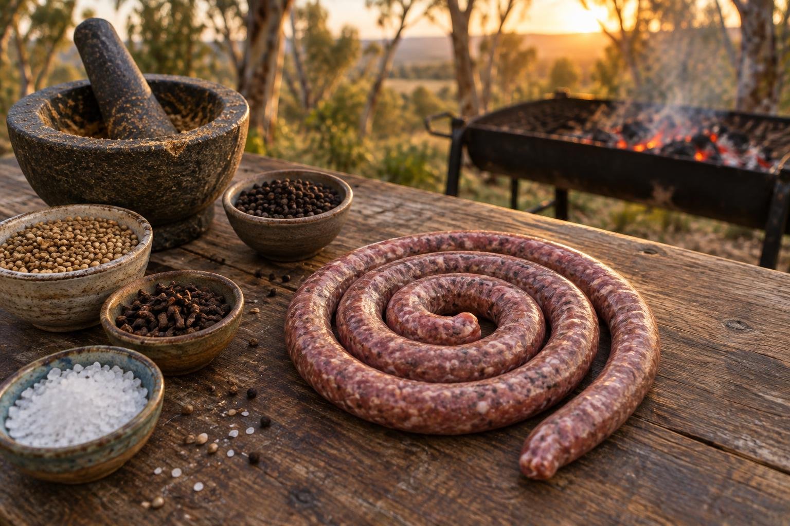 Boerewors spice mix recipe ingredients, coriander seeds, cloves and black pepper in bowls beside a raw boerewors coil