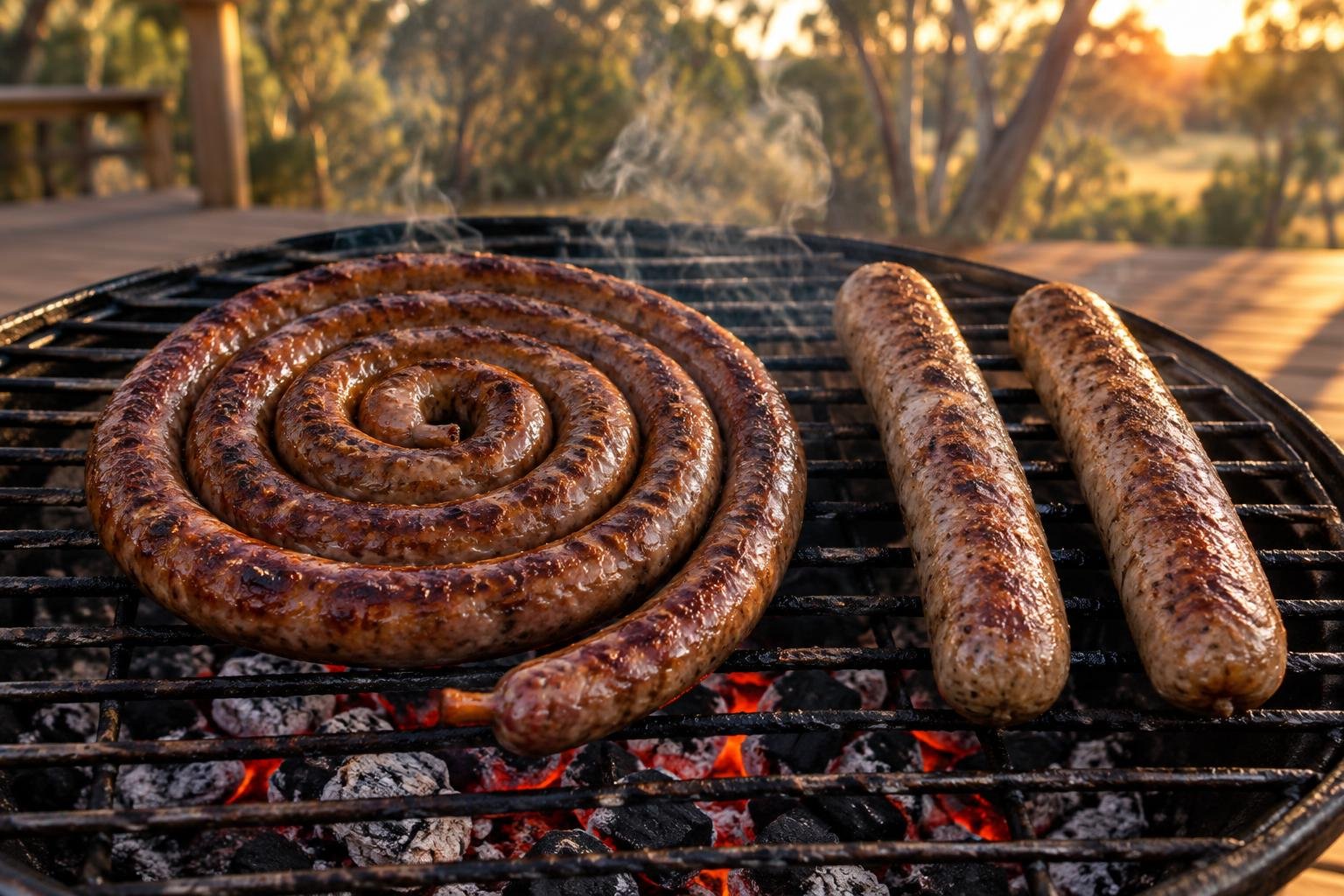 boerewors vs sausage, a coiled boerewors spiral next to two thick beef sausages on a braai grid over glowing coals