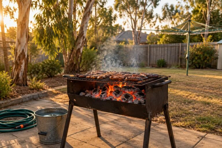 Braai fire ban rules in Australia, a charcoal braai fire glowing safely in a cleared Australian backyard in the late afternoon