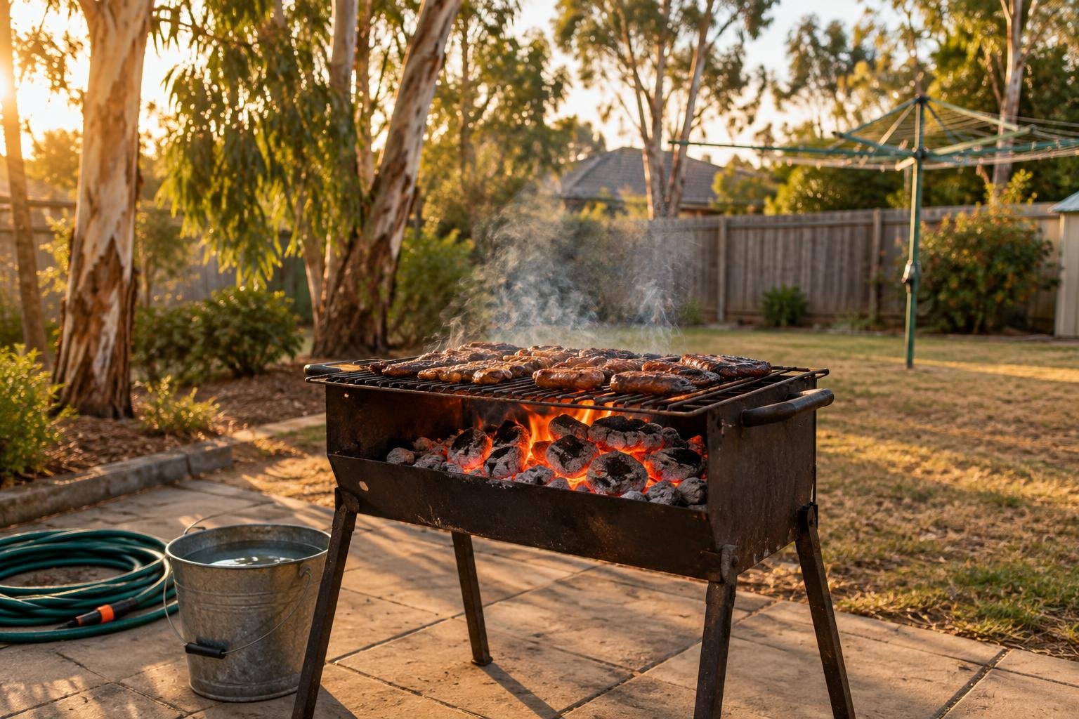 Braai fire ban rules in Australia, a charcoal braai fire glowing safely in a cleared Australian backyard in the late afternoon