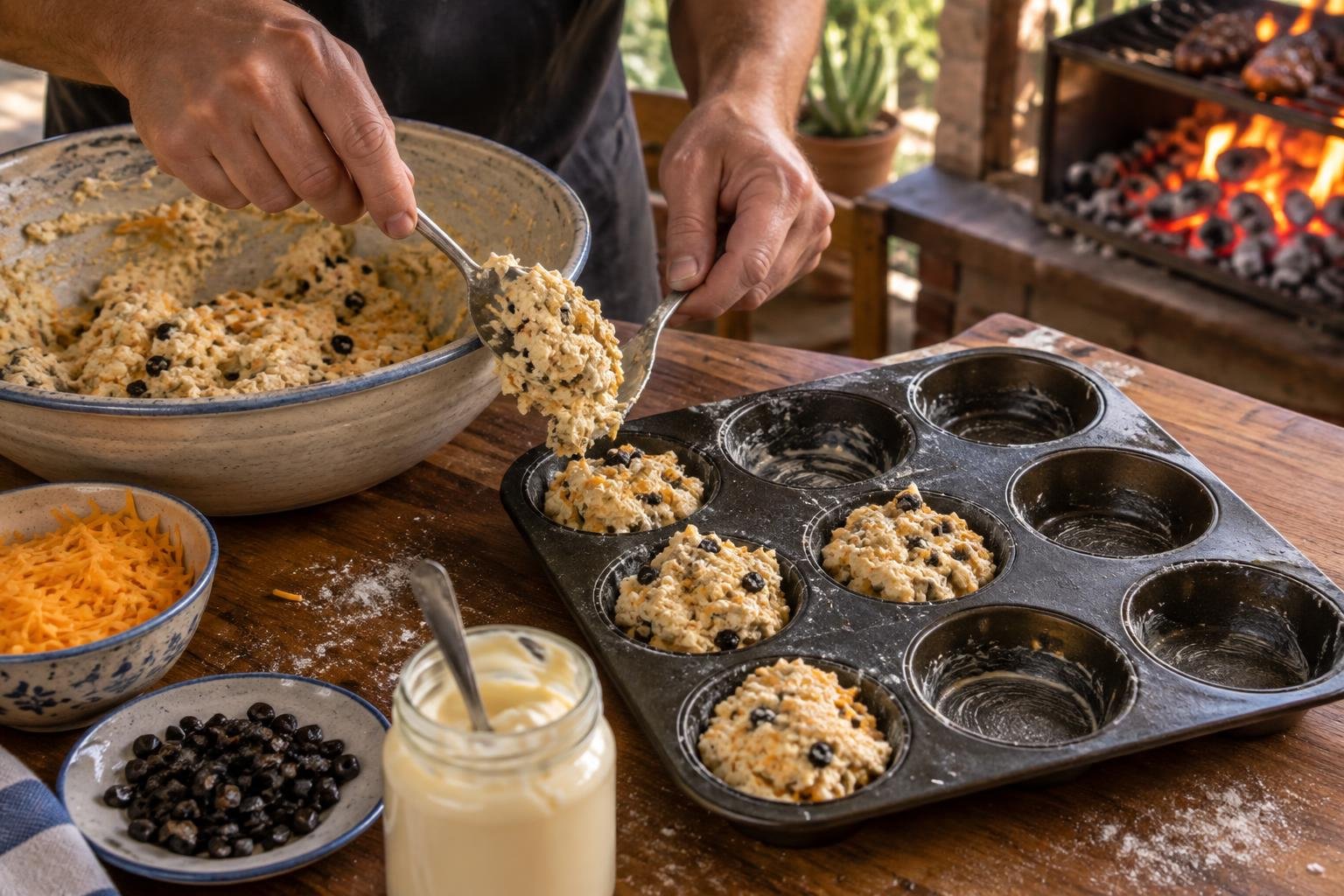 hands spooning braai scone dough into a greased muffin tin on a timber bench