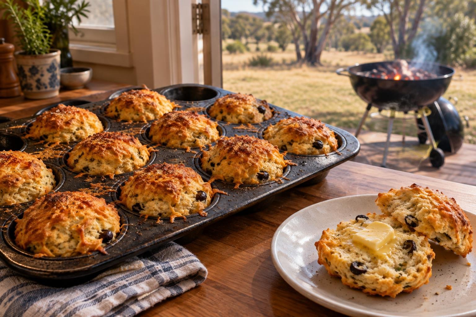 braai scones fresh from the oven in a dark muffin tin, golden cheese tops, one split open with butter beside it in an Australian kitchen