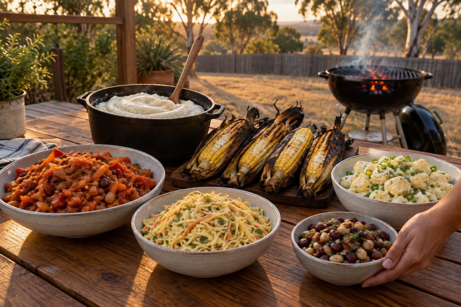 braai side dishes on a timber table in an Australian backyard, chakalaka, white pap, charred mielies, potato salad and bean salad beside a kettle braai