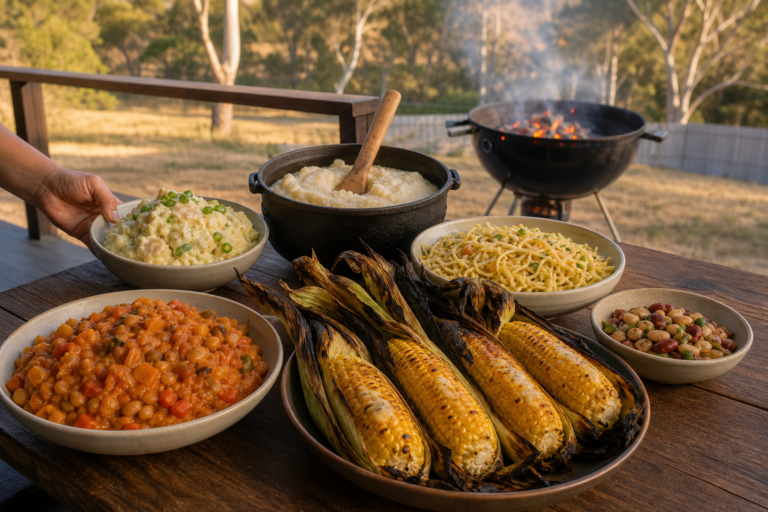 braai side dishes on a timber table in an Australian backyard, chakalaka, white pap, charred mielies, potato salad and bean salad beside a kettle braai