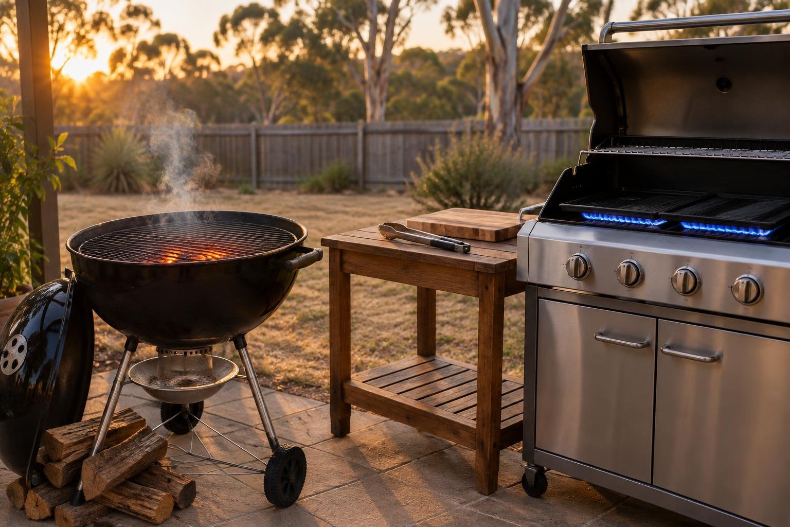 A charcoal kettle braai with glowing coals beside an open gas barbecue on an Australian patio at sunset